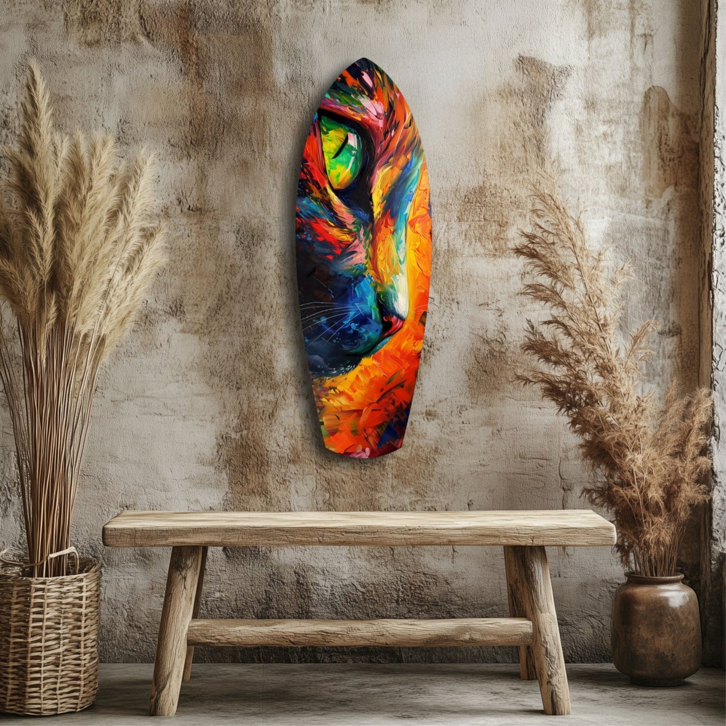 Colorful cat face glass wall art with rainbow brushstroke effect displayed above wooden bench in rustic interior.
