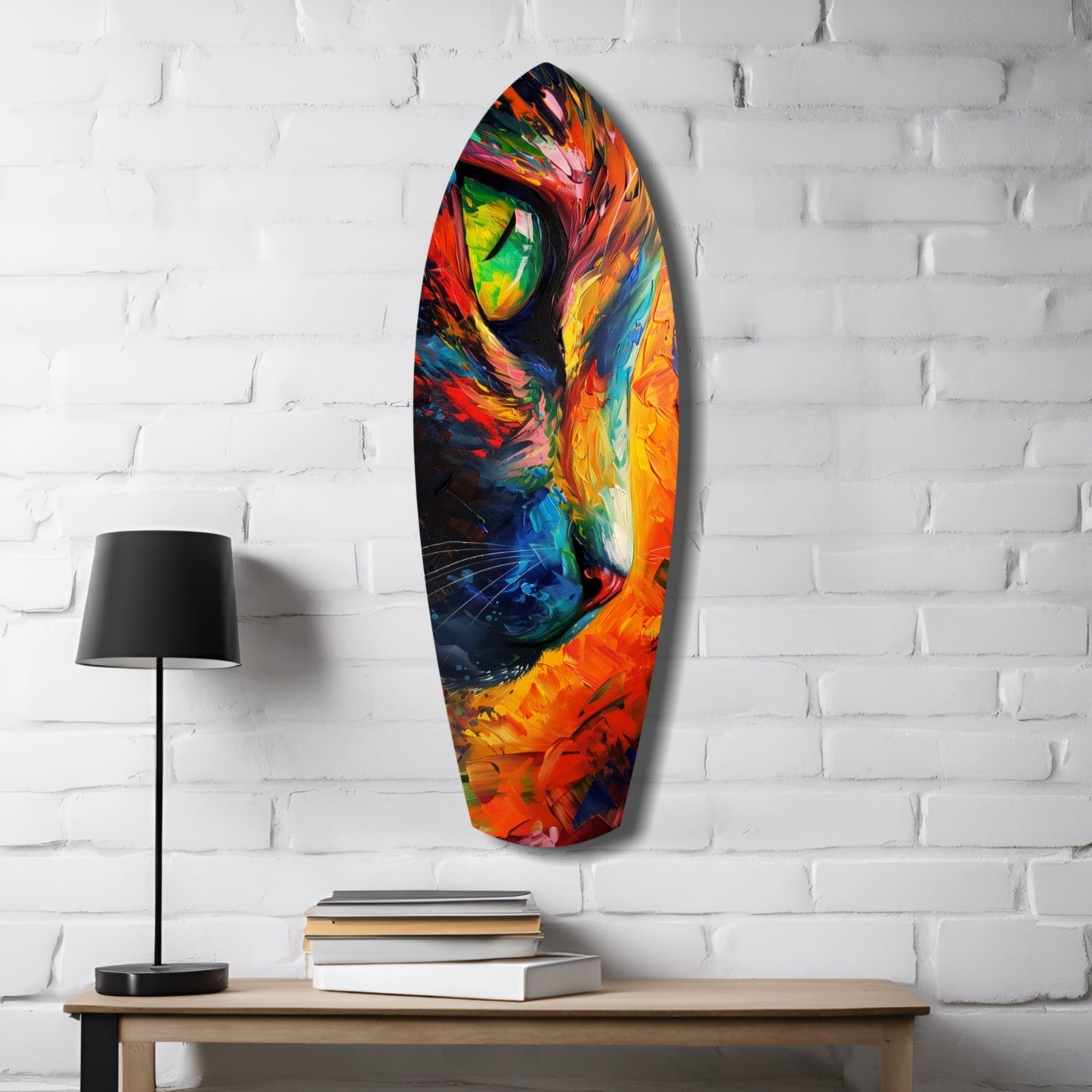 Colorful glass cat wall art mounted on white brick, displayed above wooden desk with black lamp and stacked books.