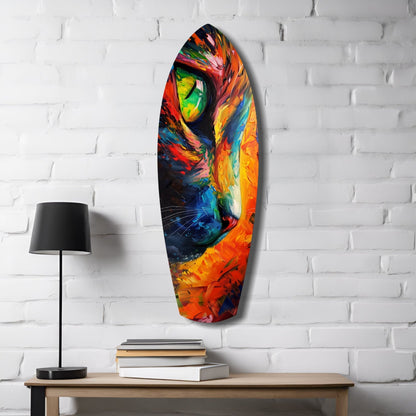 Colorful glass cat wall art mounted on white brick, displayed above wooden desk with black lamp and stacked books.