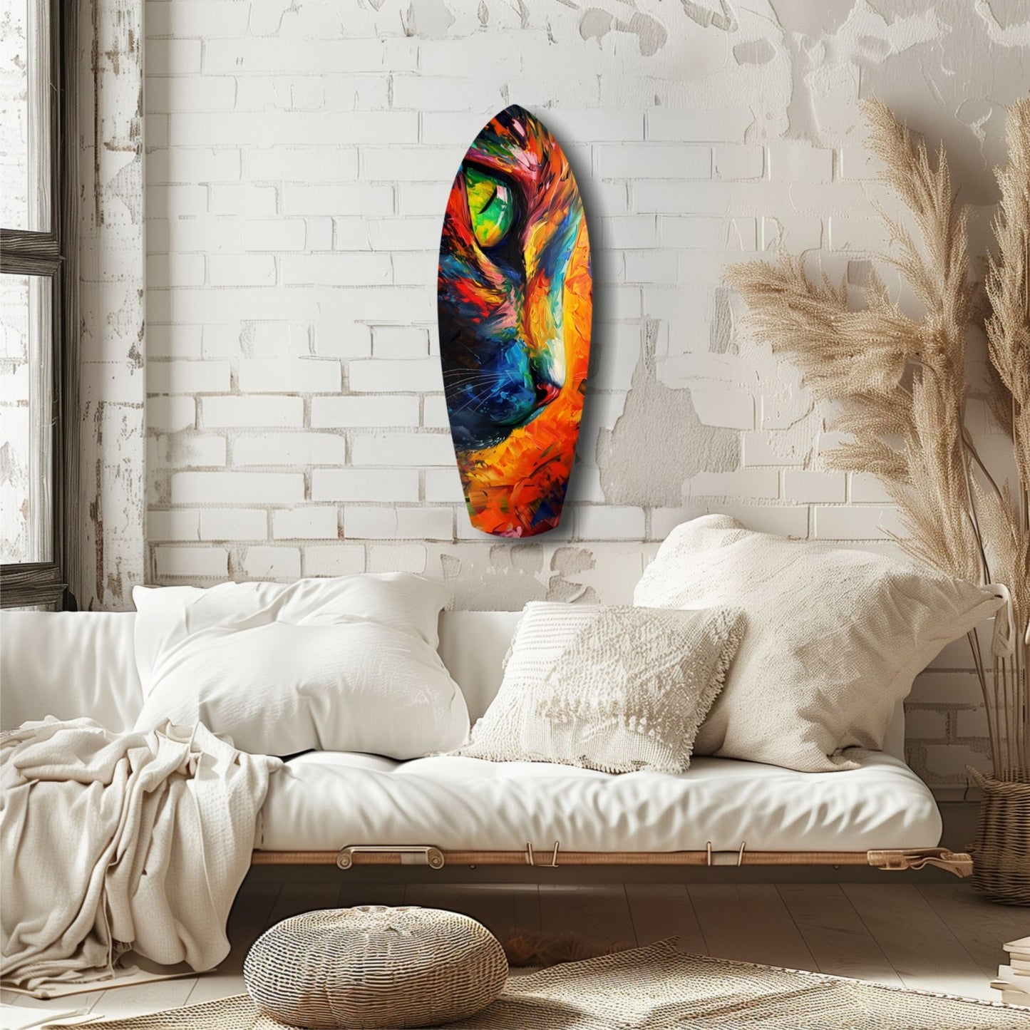 Colorful glass cat face wall art hanging above a cream-upholstered daybed in a minimalist brick bedroom.