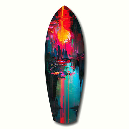 Elongated oval glass wall art featuring a neon-lit cyberpunk cityscape with red, yellow, and cyan colors against dark buildings and sky.