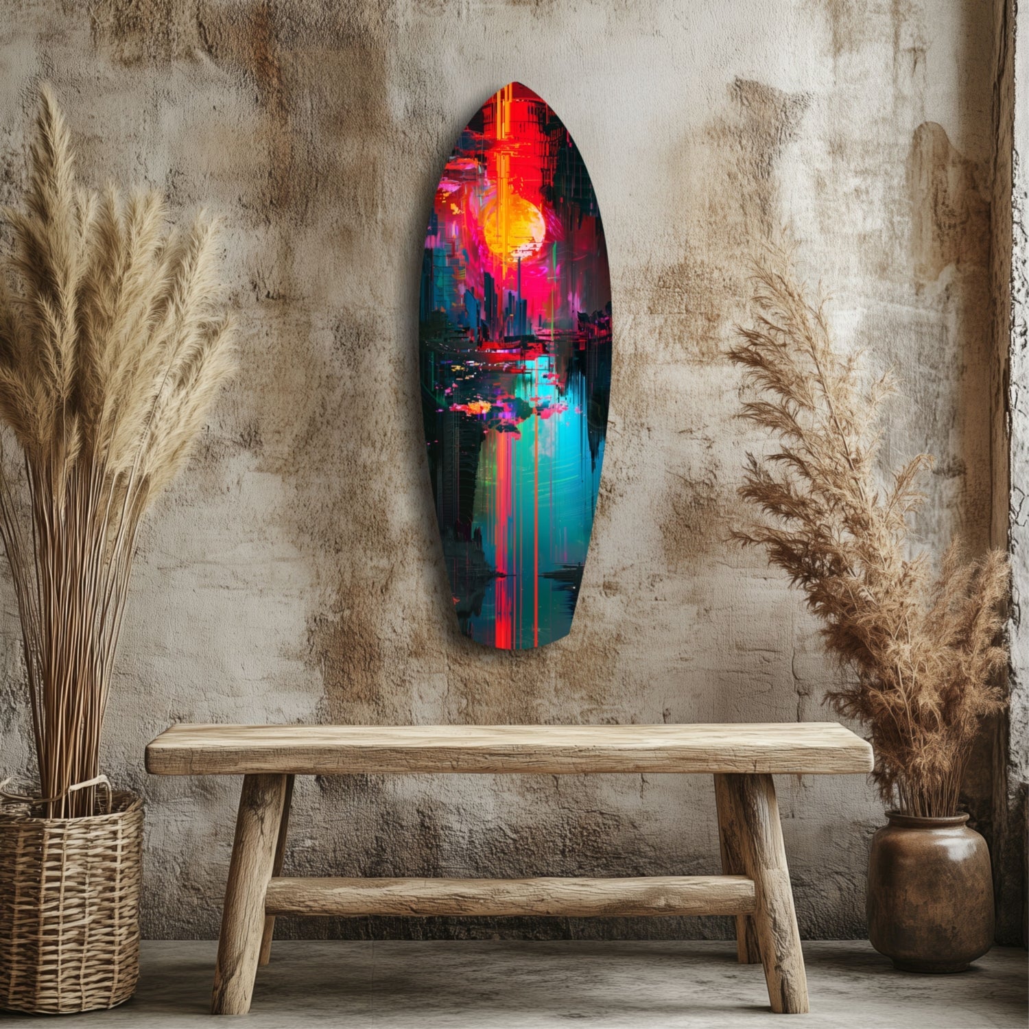 Dark City Glass Wall Art displaying neon red and cyan cityscape with glowing sun, mounted above wooden bench against textured concrete wall.