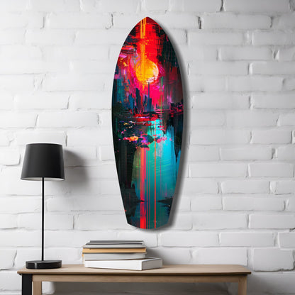 Vertical oval glass wall art with neon red, yellow, cyan, and magenta digital cityscape design mounted on white brick wall above wooden desk with lamp and books.