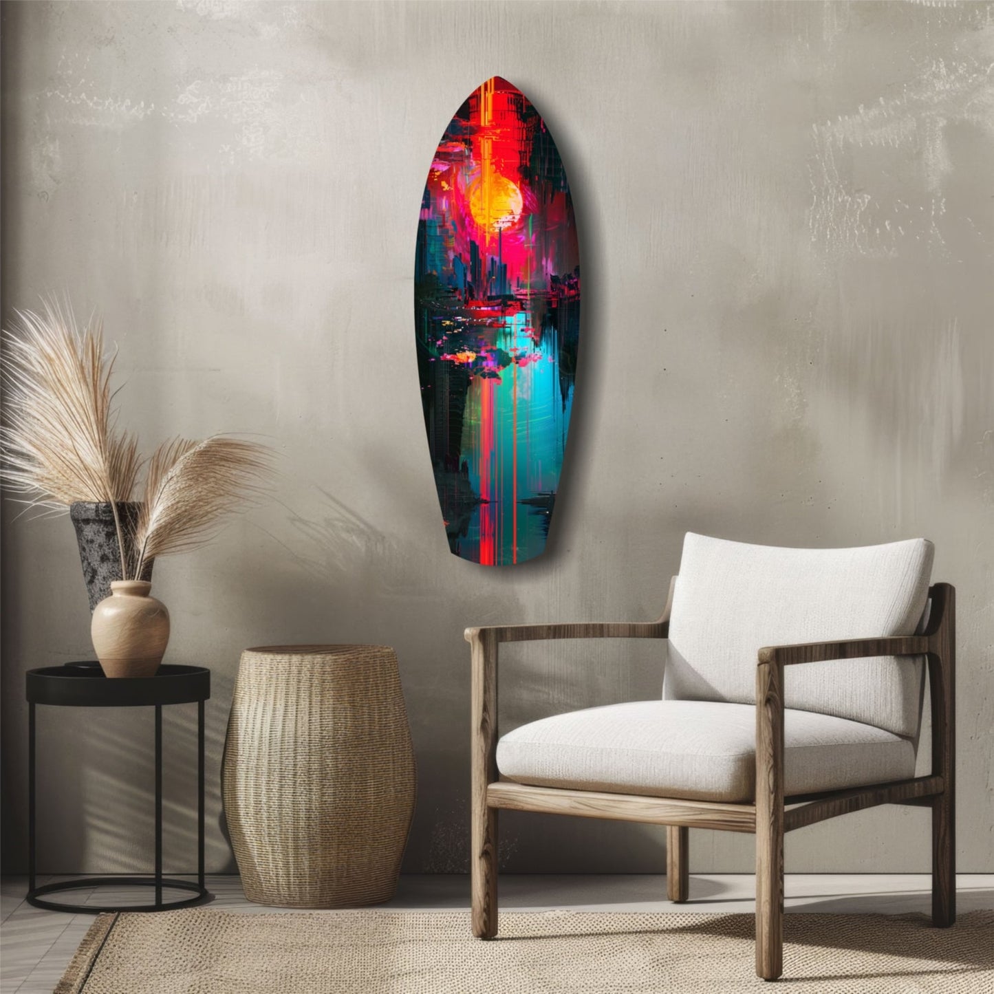 Dark City Glass Wall Art displayed vertically on light wall above wooden chair and woven accessories, showing vibrant red, yellow, and teal neon cityscape design.