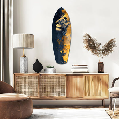 Lion Pride V1 glass wall art in navy and gold hanging above a wooden sideboard in a modern living room interior.