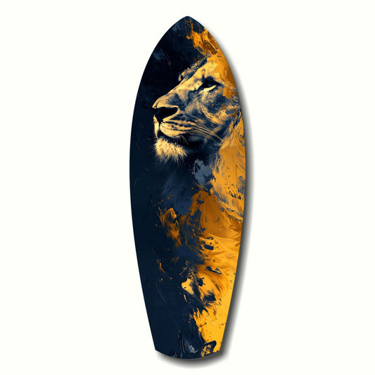 Elongated oval glass wall art featuring a lion's profile in gold and cream tones against a dark navy blue background.