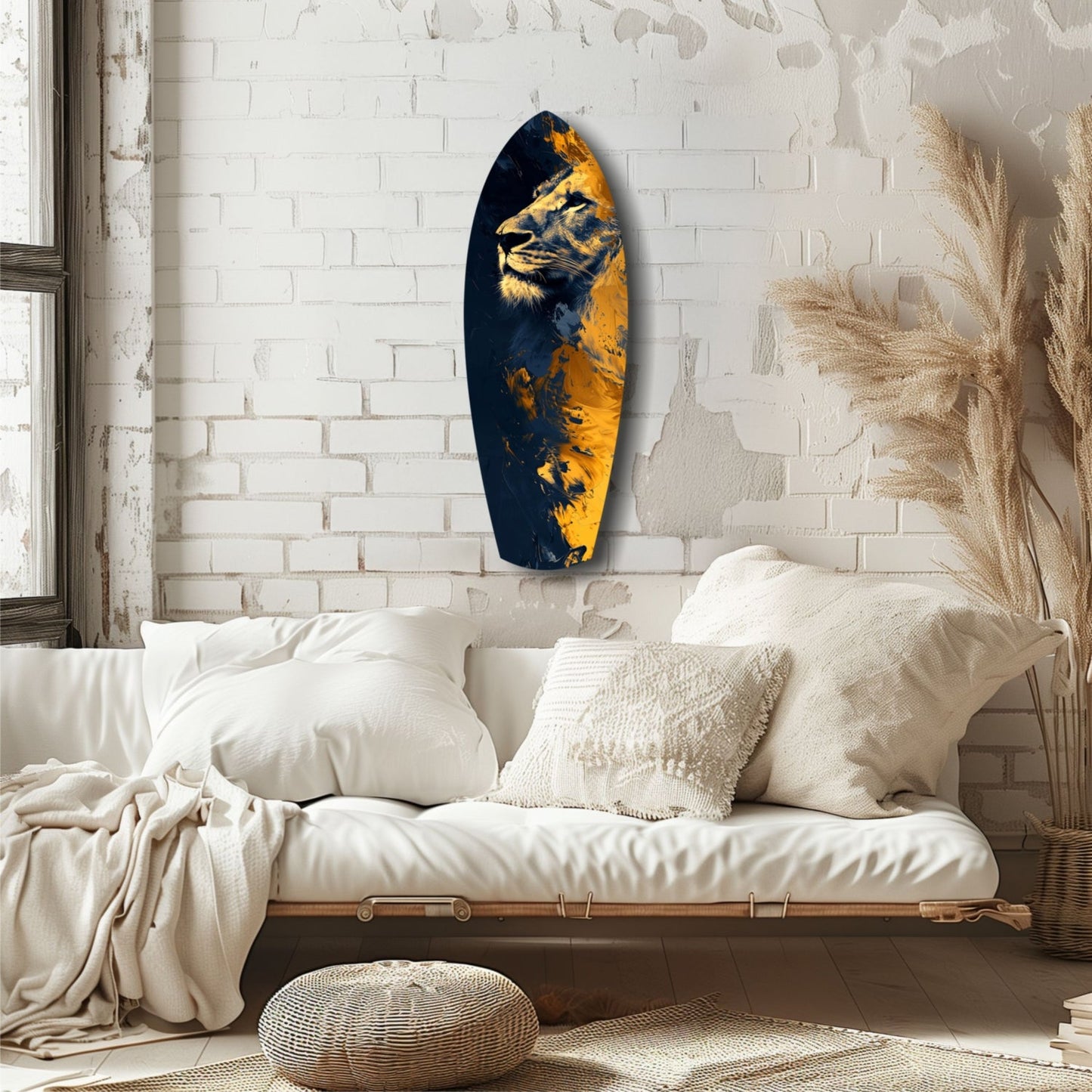 Lion Pride V1 glass wall art displayed above a white bed, featuring a gold and navy lion portrait on an oval dark blue background.