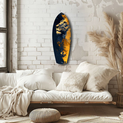 Lion Pride V1 glass wall art displayed above a white bed, featuring a gold and navy lion portrait on an oval dark blue background.