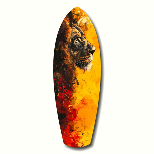 Oval glass wall art featuring a lion's profile against warm yellow and orange gradient background with red splatter effects at the base.