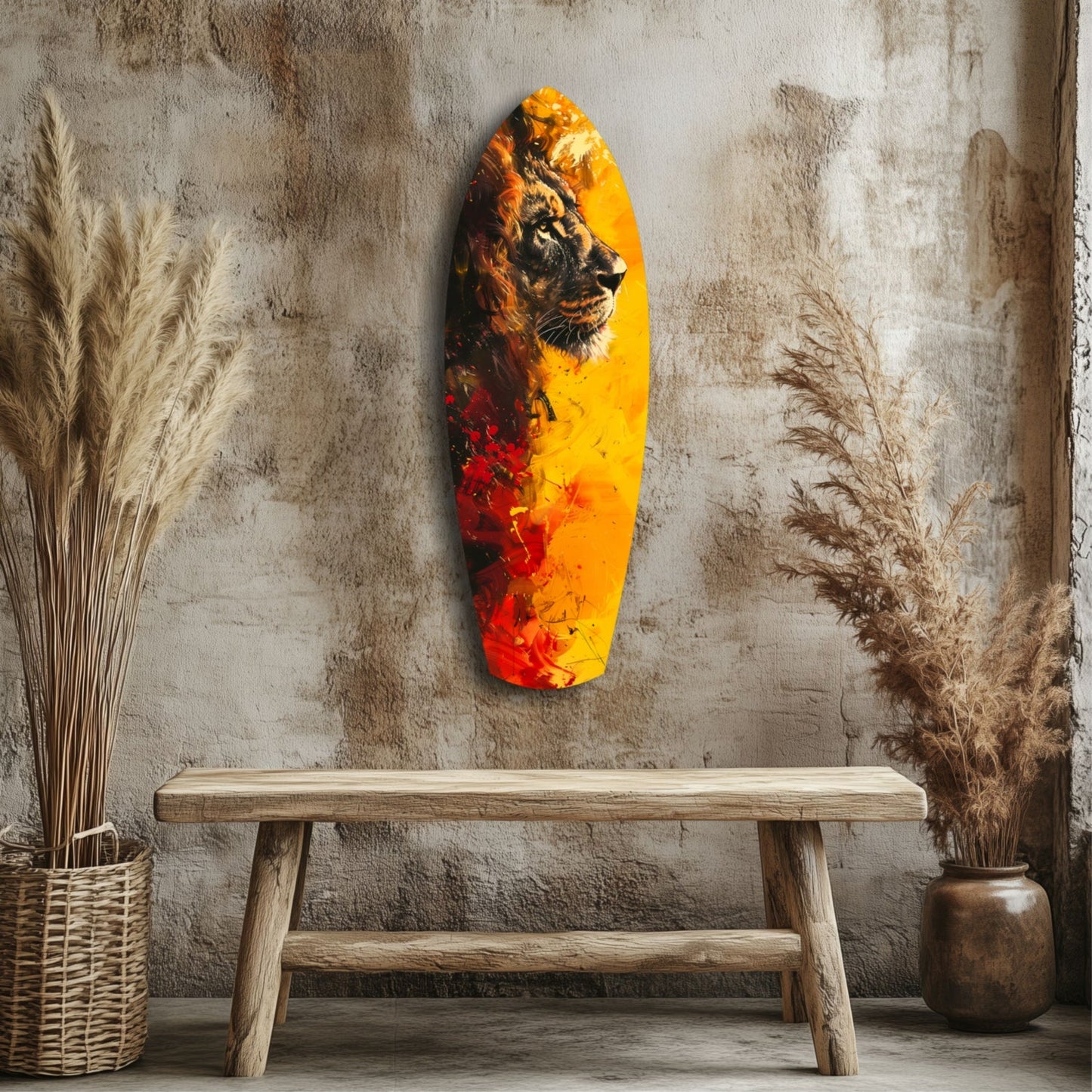 Lion Pride V2 glass wall art in yellow and red tones displayed above a wooden bench in a styled interior setting.