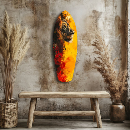 Lion Pride V2 glass wall art in yellow and red tones displayed above a wooden bench in a styled interior setting.