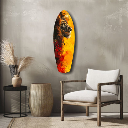 Lion Pride V2 glass wall art displayed vertically above wooden chair, featuring lion's head transitioning from yellow to red gradient background in modern living room setting.