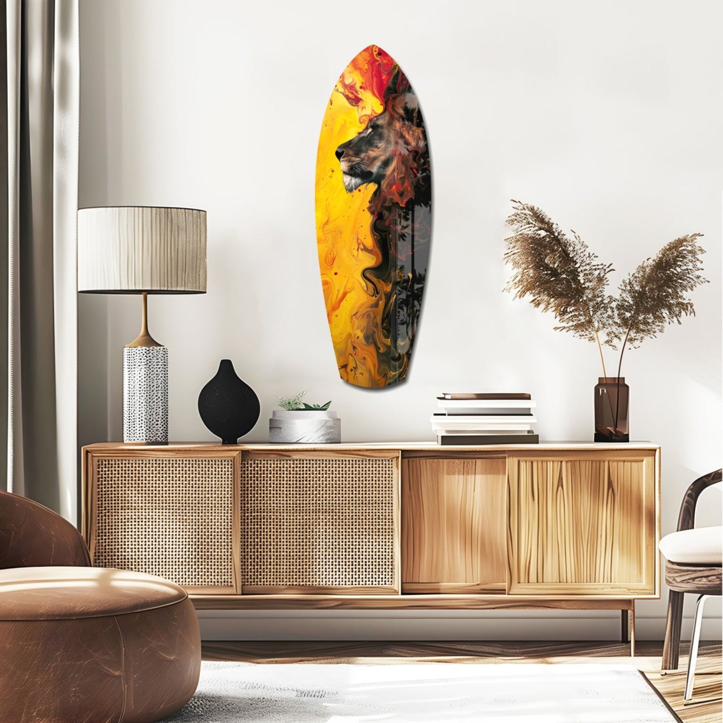 Lion Pride V3 glass wall art with yellow and red flame colors displayed above wooden credenza in modern interior setting.