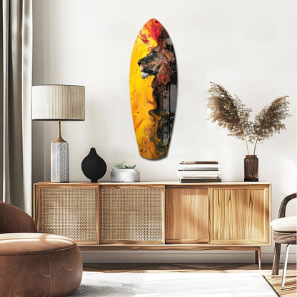 Lion Pride V3 glass wall art with yellow and red flame colors displayed above wooden credenza in modern interior setting.