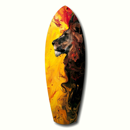 Surfboard-shaped glass art featuring a lion's head in profile against swirling yellow, orange, red, and black marbled background.