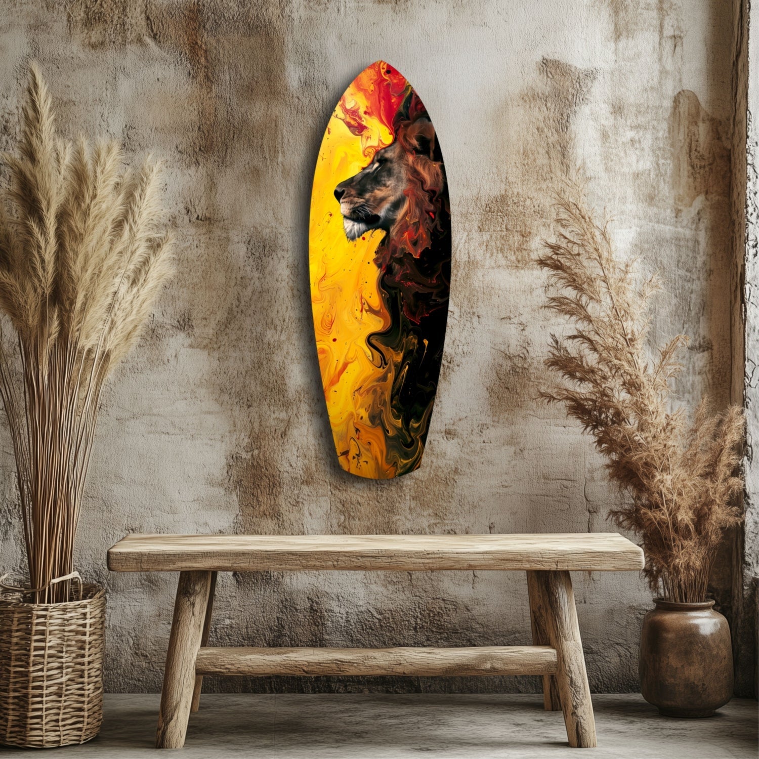 Oval glass wall art depicting a lion's head in profile against yellow and orange gradient background, displayed above a wooden bench in a minimalist interior setting.