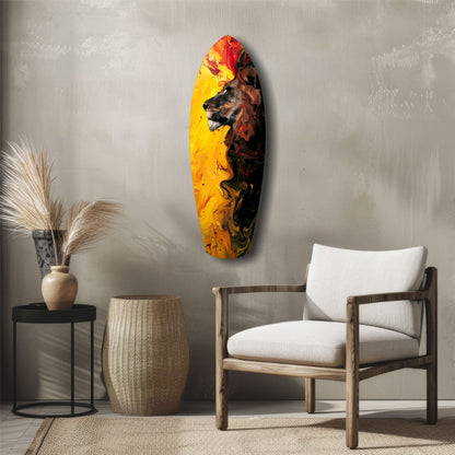 Lion Pride V3 glass wall art featuring a lion's head in yellow, red, and black tones displayed in a minimalist interior setting.