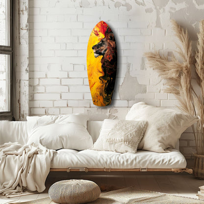 Lion Pride V3 glass wall art featuring a lion's profile in red, yellow, and black tones, displayed above a minimalist bedroom setting with white bedding and natural décor.