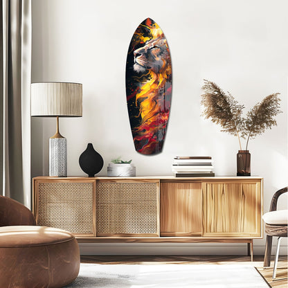 Lion Pride V4 glass wall art with fiery orange and yellow flames displayed above a wooden mid-century modern credenza in a contemporary living room.
