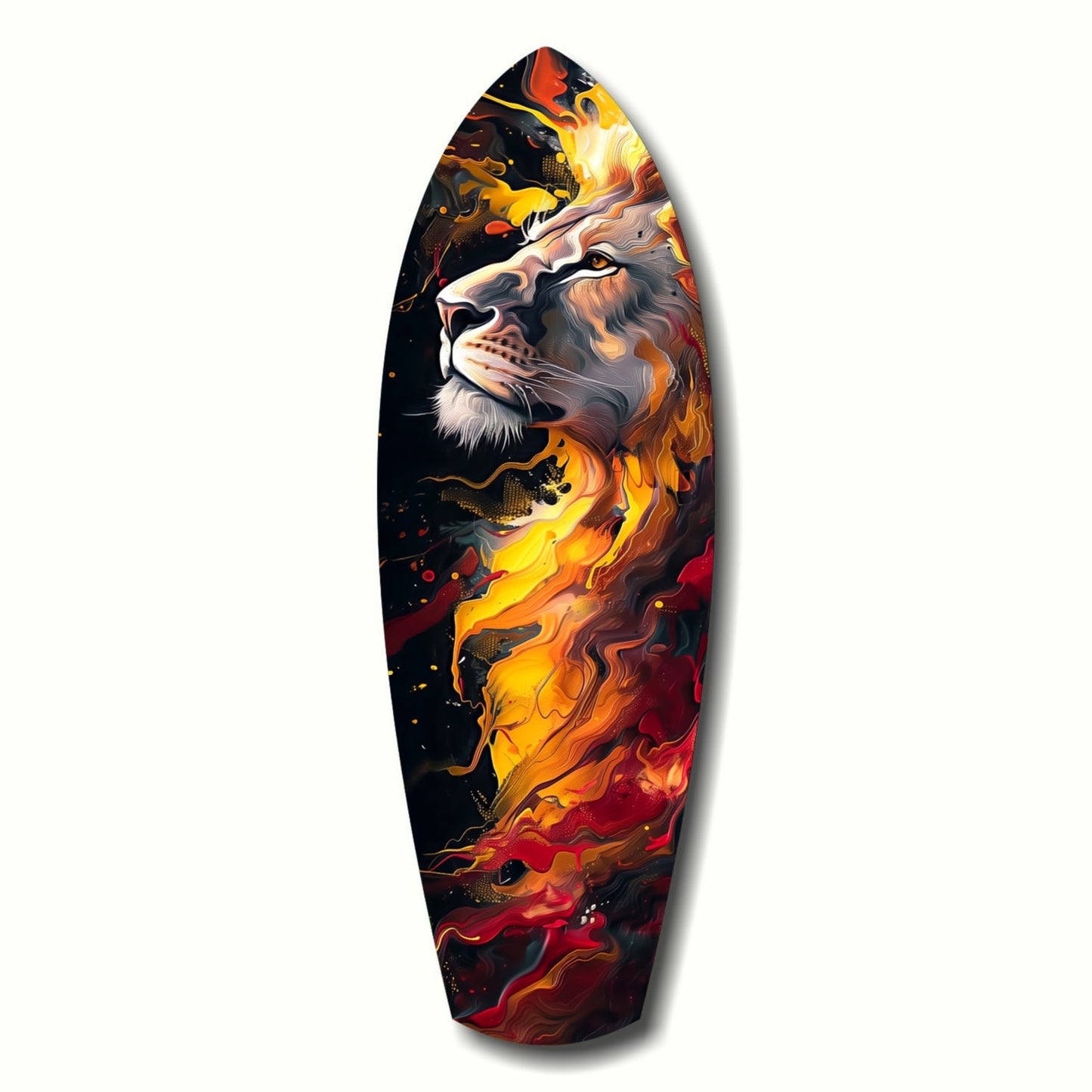 Lion Pride V4 Glass Wall Art displaying a majestic lion's head surrounded by vibrant flames in orange, yellow, and red against a dark background.