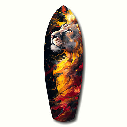 Lion Pride V4 Glass Wall Art displaying a majestic lion's head surrounded by vibrant flames in orange, yellow, and red against a dark background.