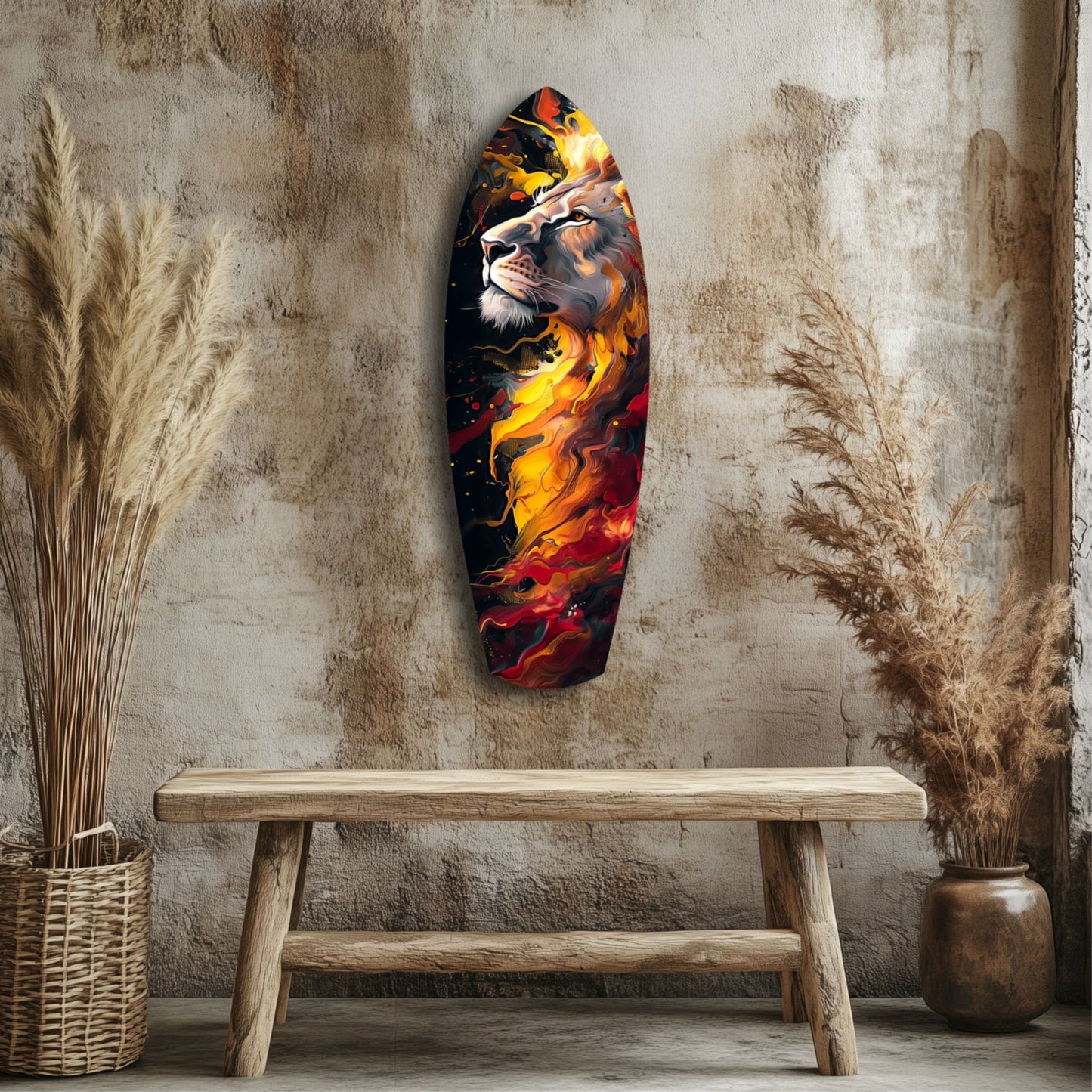 Lion Pride V4 glass wall art featuring a fiery lion design displayed above a wooden bench in a styled interior setting.