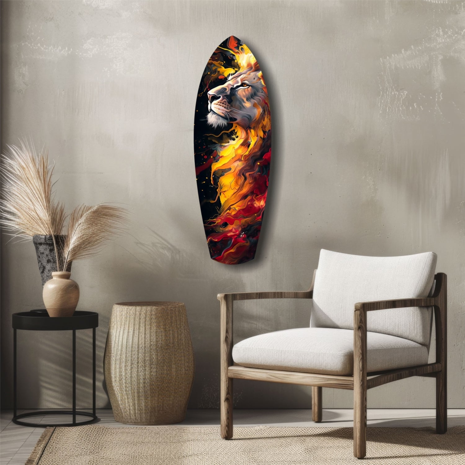 Lion Pride V4 glass wall art displaying a lion's face with golden and red flames, mounted above a wooden chair in a minimalist room setting.