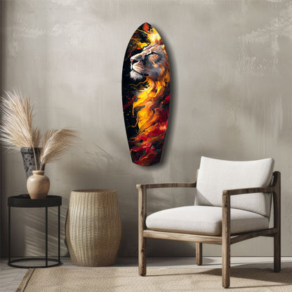 Lion Pride V4 glass wall art displaying a lion's face with golden and red flames, mounted above a wooden chair in a minimalist room setting.