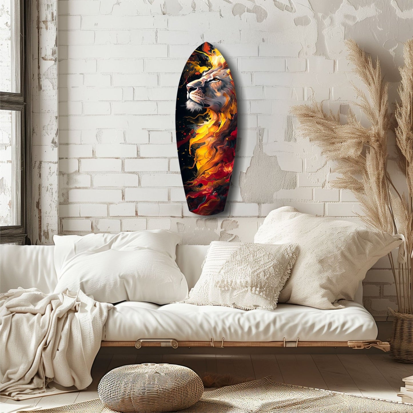 Lion Pride V4 glass wall art featuring a fiery lion portrait in orange, red, and yellow flames mounted above a white bedside.