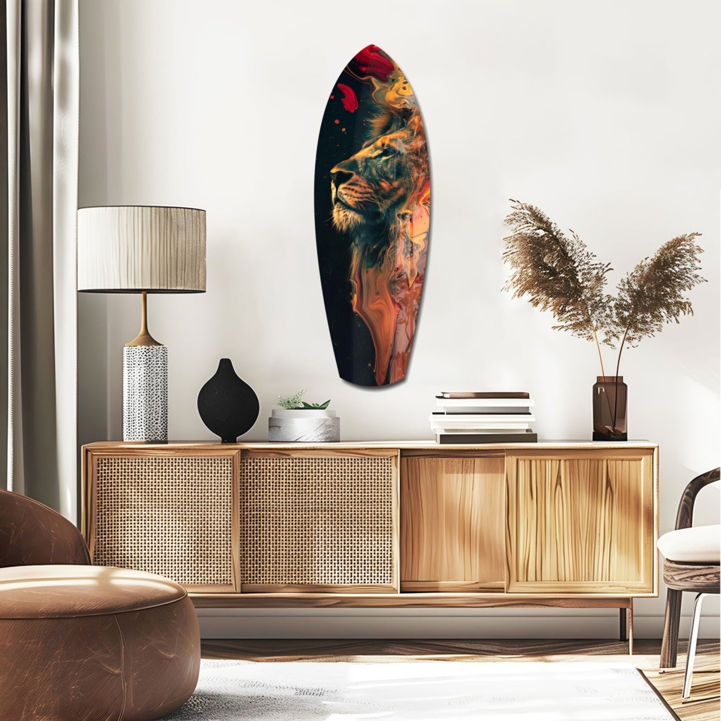 Lion Pride V5 glass wall art displayed above wooden credenza in modern living room interior with warm lighting and decorative accessories.