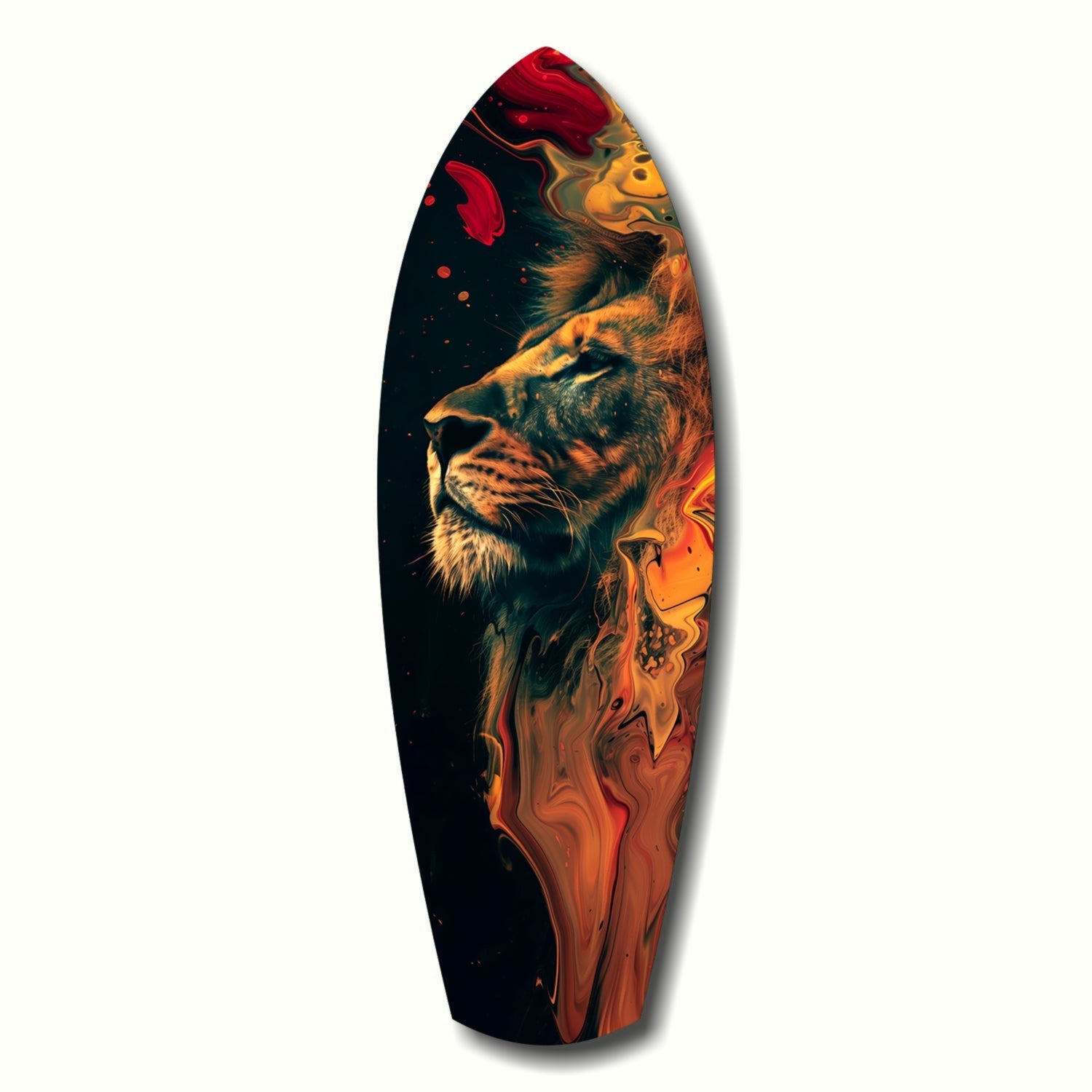 Lion Pride V5 Glass Wall Art featuring a majestic lion's profile rendered in gold and amber tones against a black background with red accents and fluid abstract swirls.
