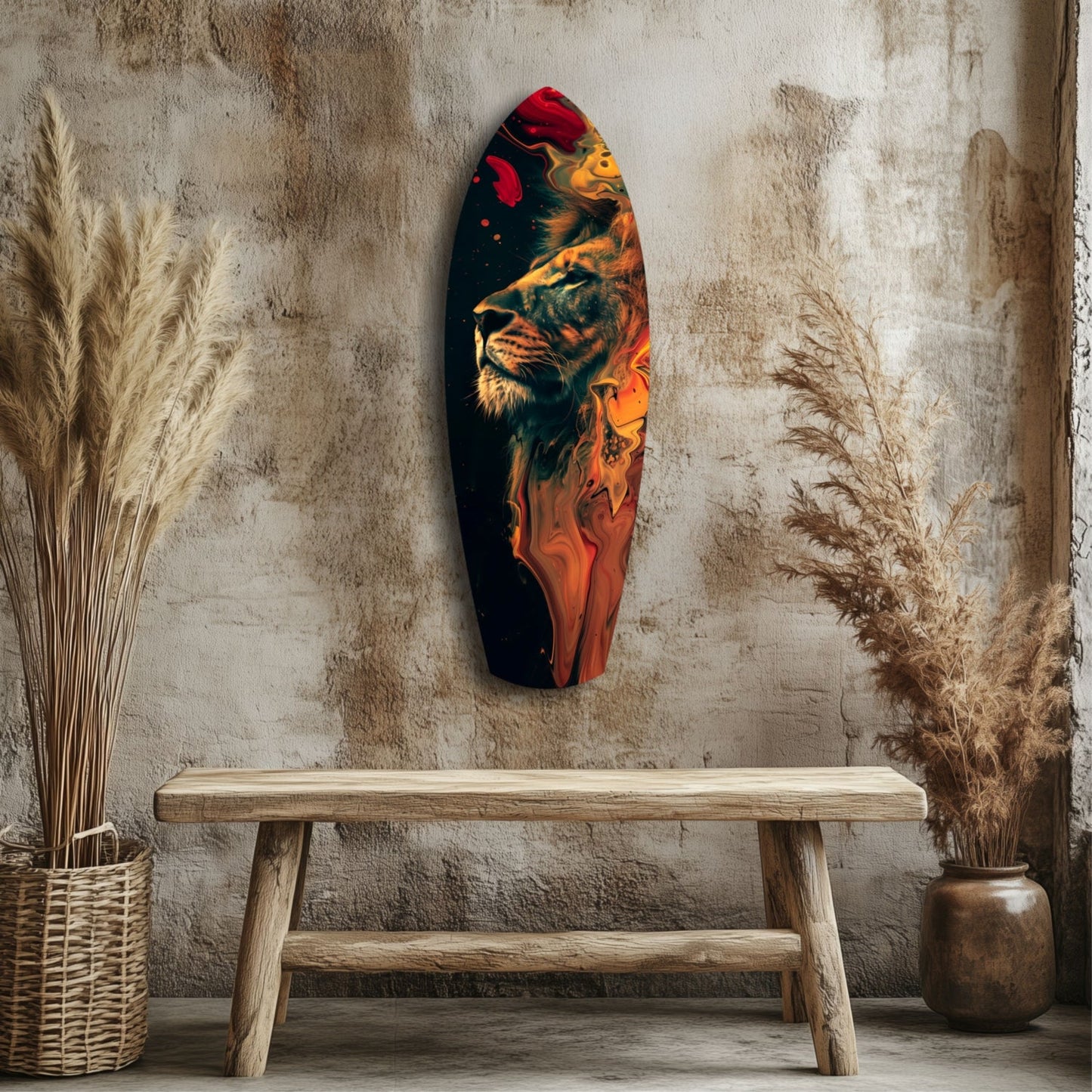 Lion Pride V5 glass wall art displaying a fiery lion portrait in orange and red tones, mounted above a wooden bench in a rustic interior setting.