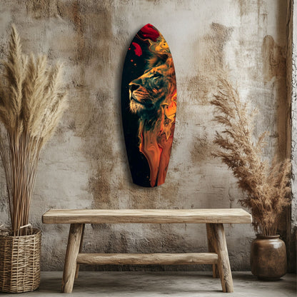Lion Pride V5 glass wall art displaying a fiery lion portrait in orange and red tones, mounted above a wooden bench in a rustic interior setting.