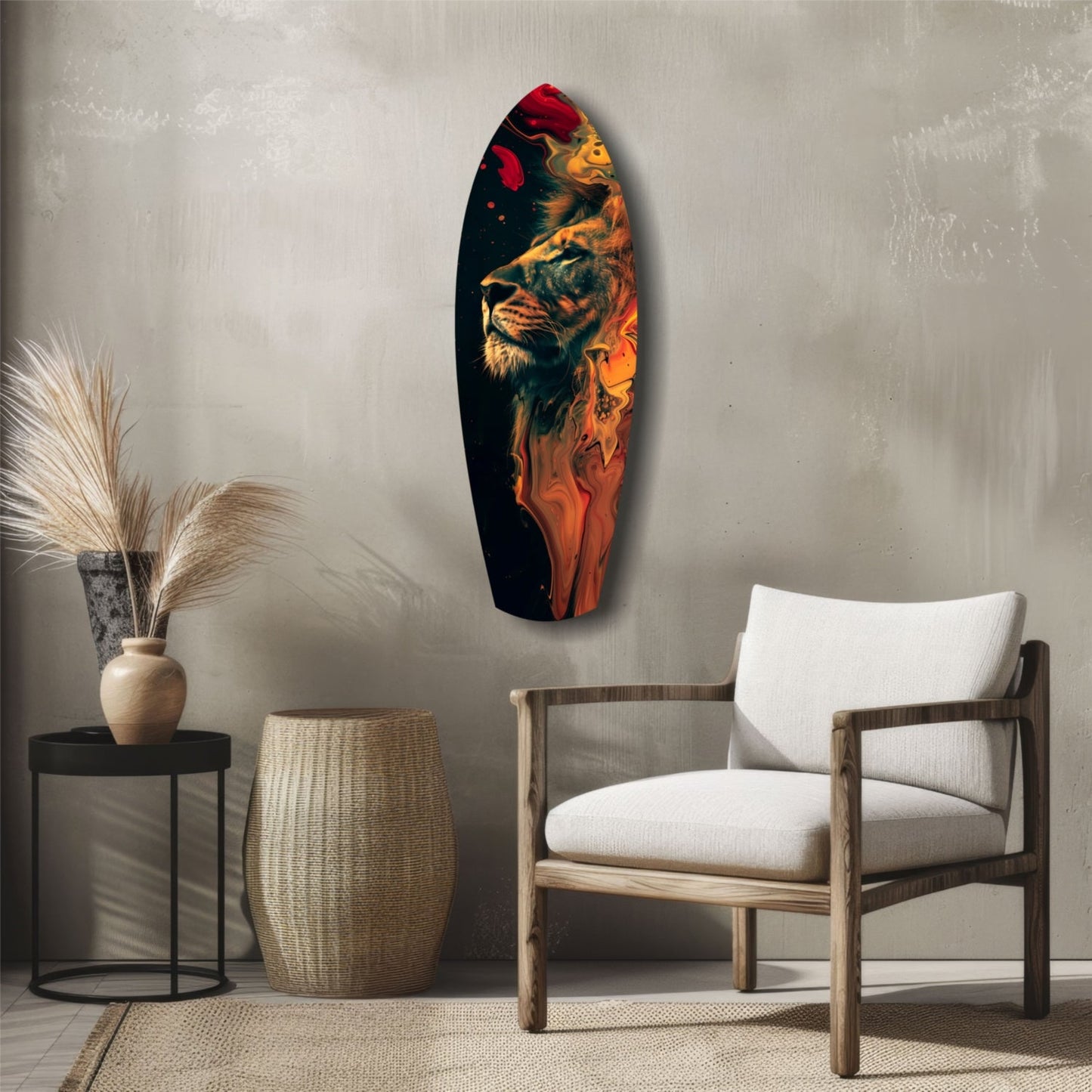 Lion Pride V5 glass wall art displayed vertically above wooden chair, featuring golden lion portrait against black and red flame background.