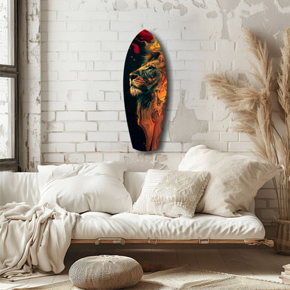 Oval glass wall art featuring a lion's face with orange and red flame effects against dark background, displayed above a white linen sofa in a minimalist bedroom.