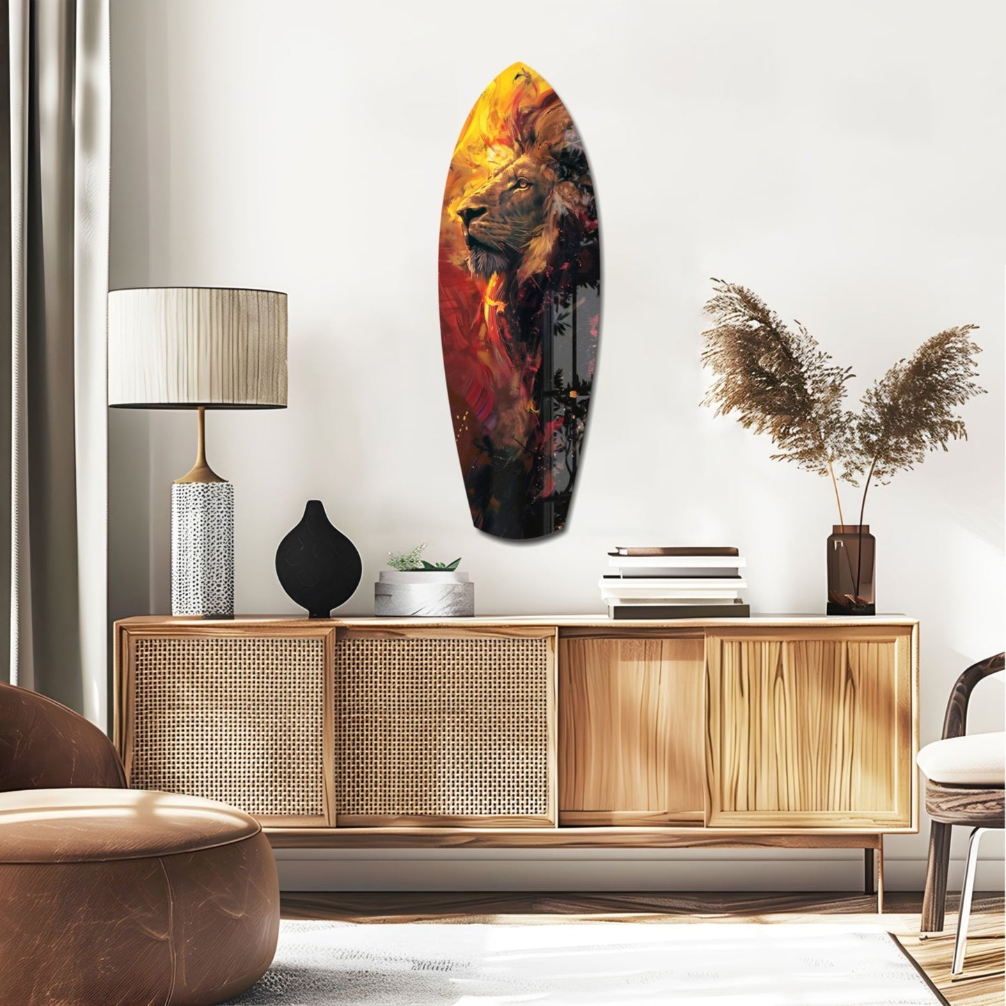 Lion Pride V6 glass wall art featuring golden lion portrait displayed above wooden mid-century credenza in modern living room setting.
