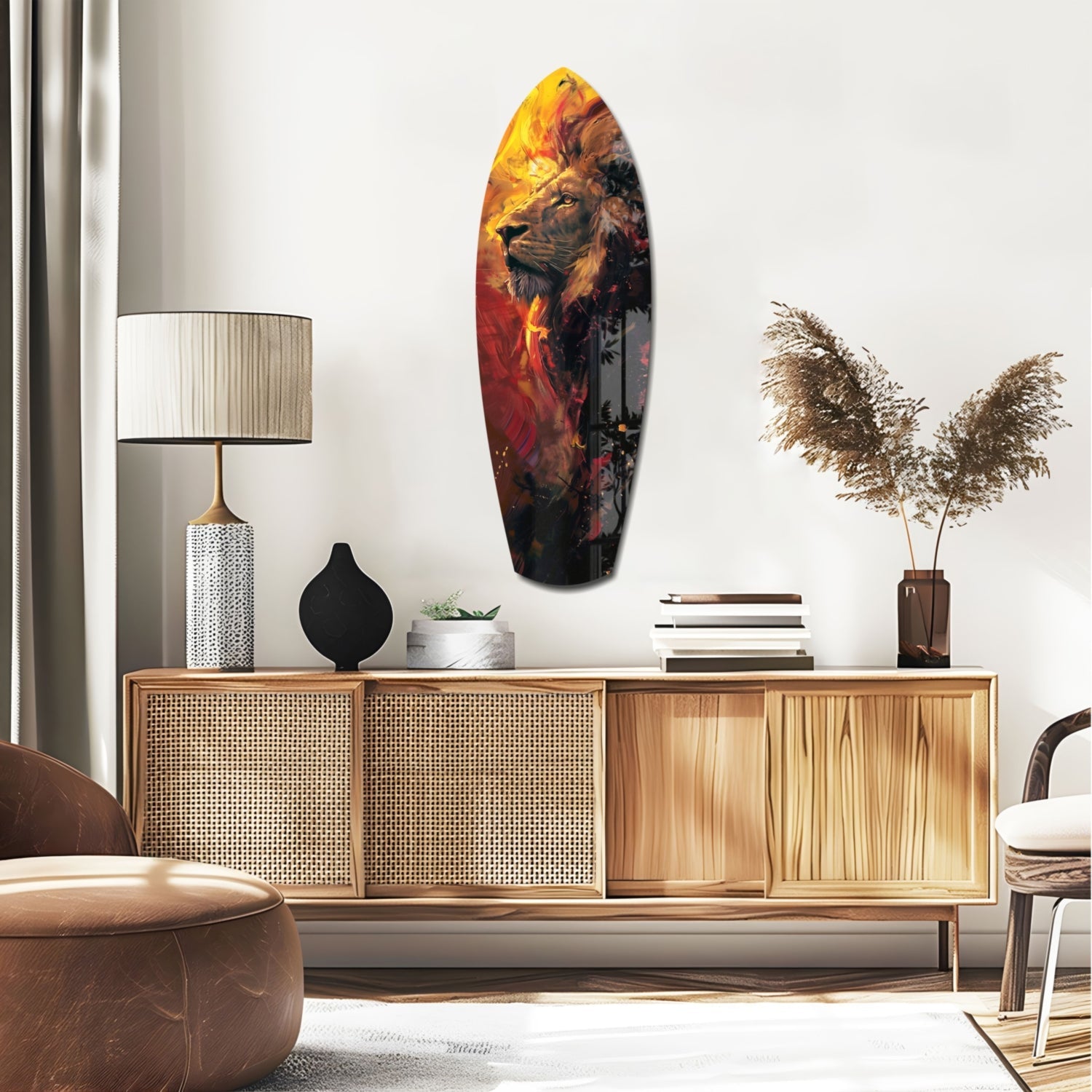 Lion Pride V6 glass wall art featuring golden lion portrait displayed above wooden mid-century credenza in modern living room setting.