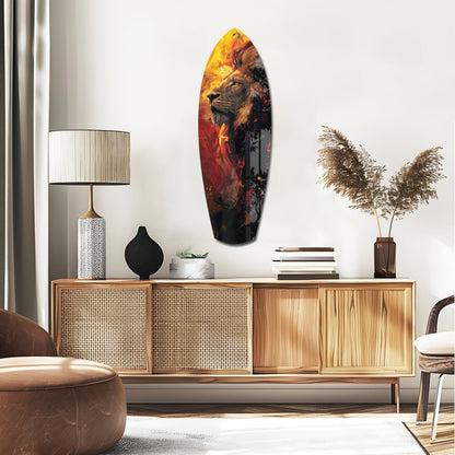 Lion Pride V6 glass wall art featuring golden lion portrait displayed above wooden mid-century credenza in modern living room setting.