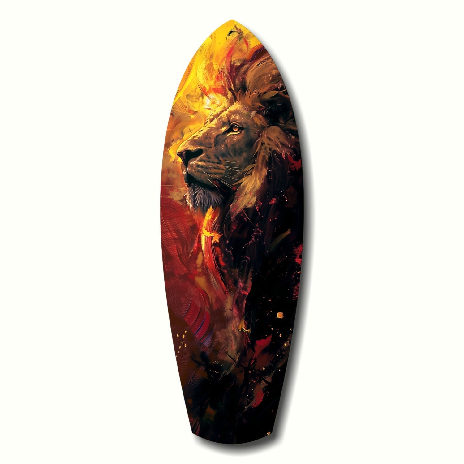 Elongated oval glass wall art featuring a lion's profile with golden mane against fiery orange, red, and black abstract brushstrokes.