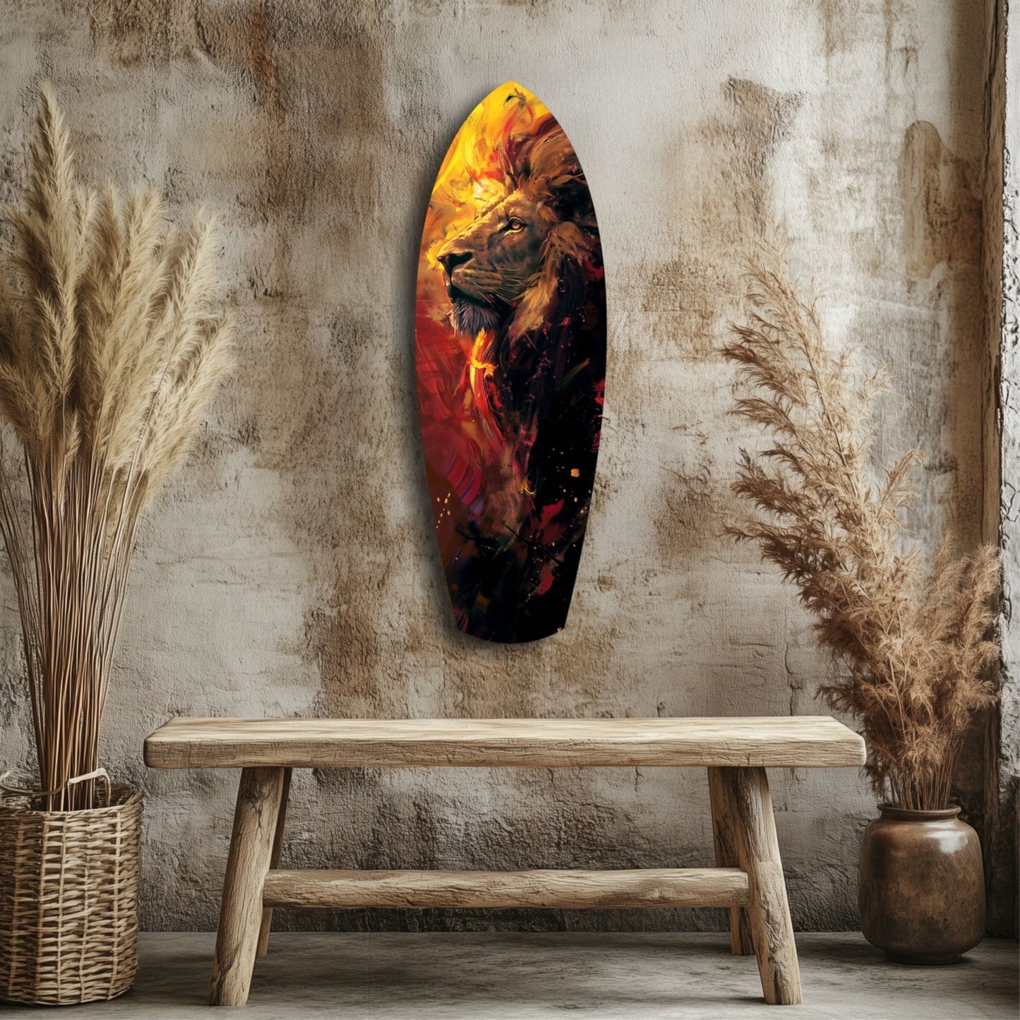 Lion Pride V6 glass wall art featuring a majestic lion's head in fiery orange and red tones, mounted above a wooden bench in a minimalist interior setting.