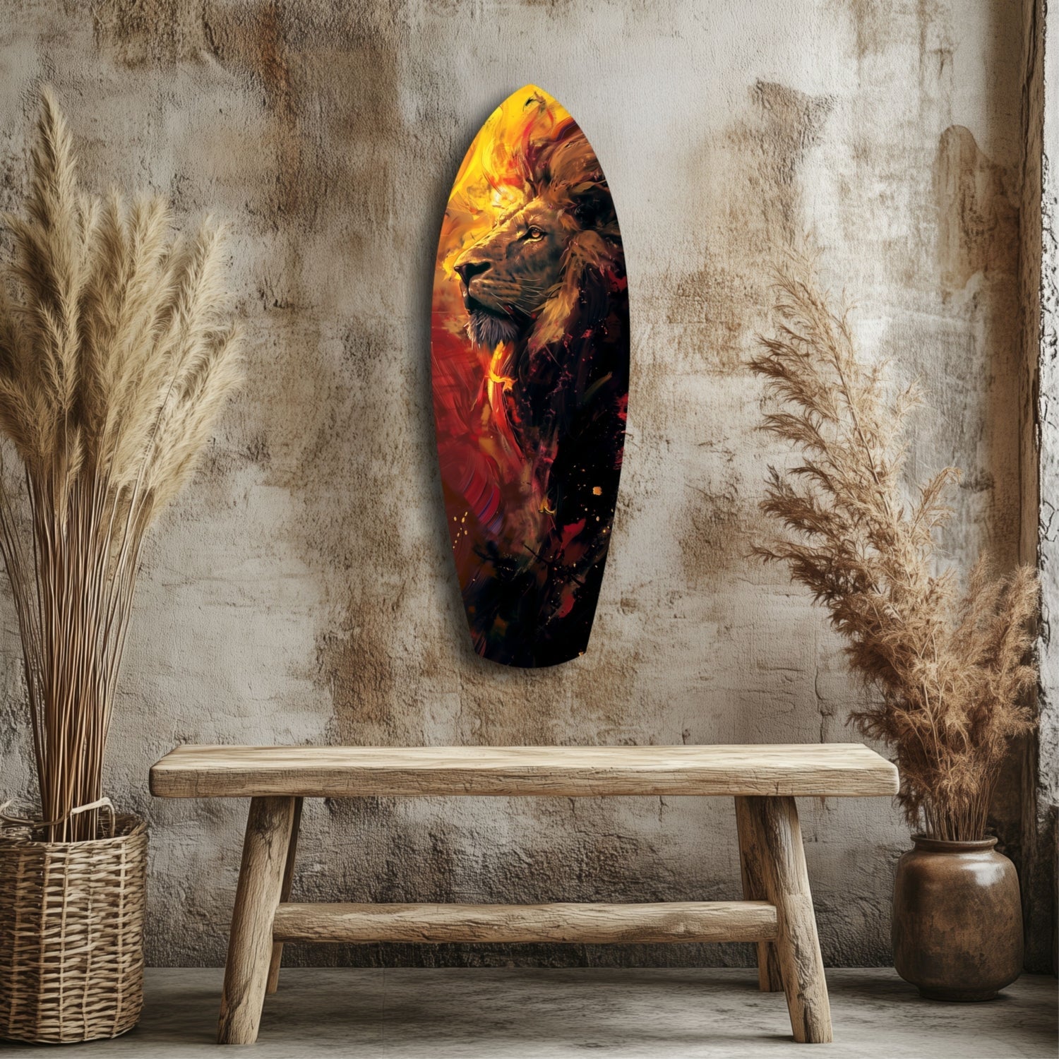 Lion Pride V6 glass wall art featuring a majestic lion's head in fiery orange and red tones, mounted above a wooden bench in a minimalist interior setting.