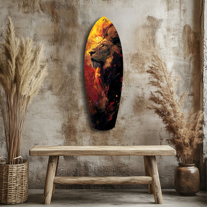 Lion Pride V6 glass wall art featuring a majestic lion's head in fiery orange and red tones, mounted above a wooden bench in a minimalist interior setting.
