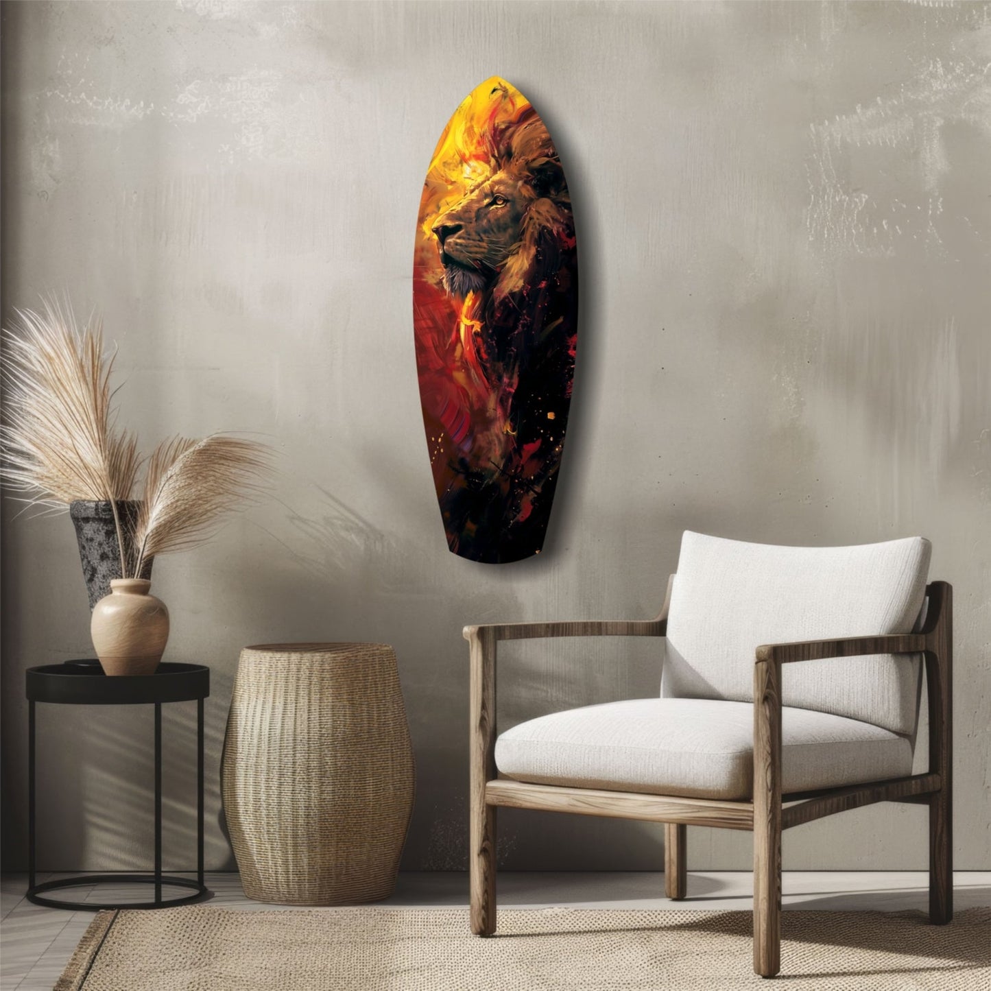 Lion Pride V6 glass wall art displayed vertically above wooden chair in minimalist room setting with warm amber and red tones.