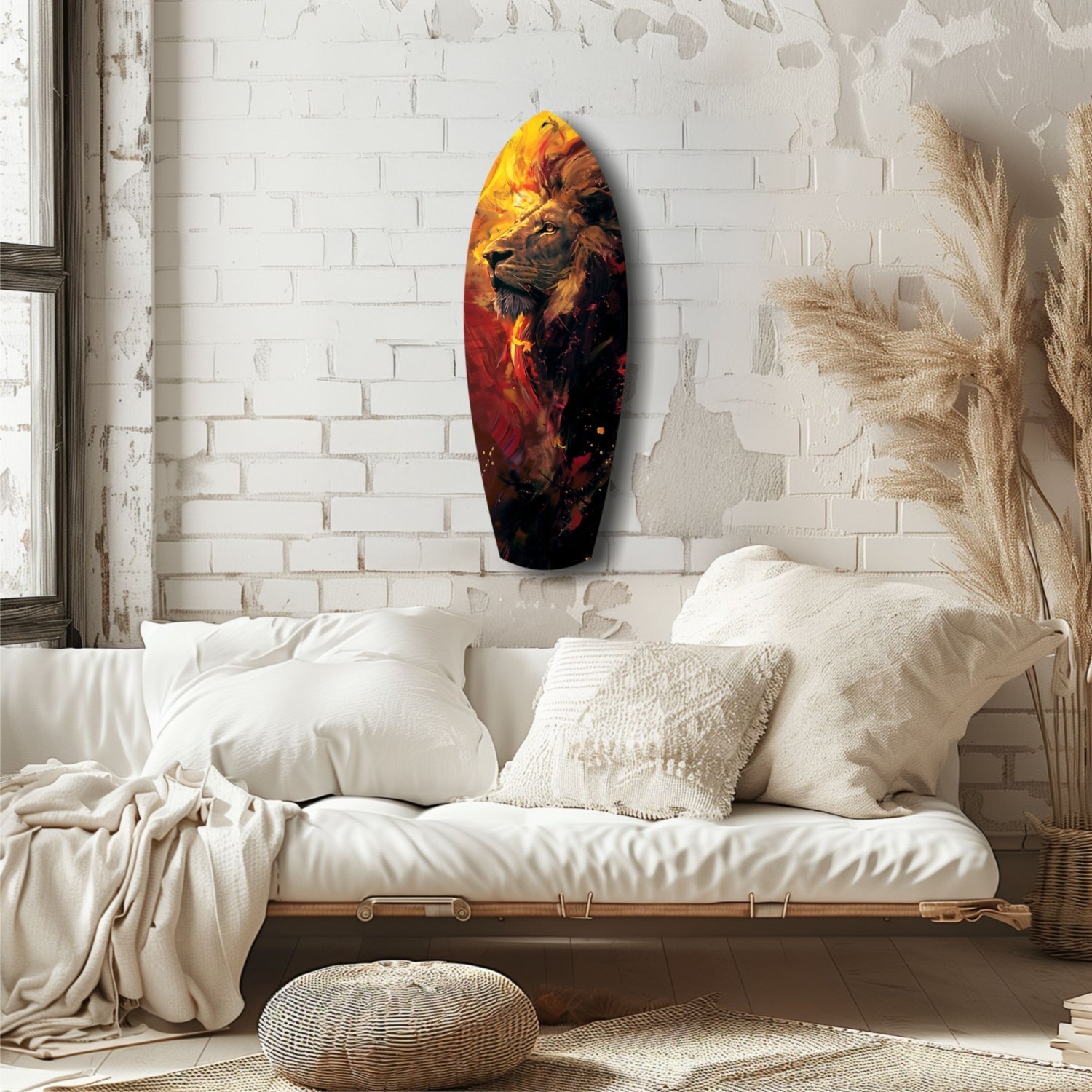 Lion Pride V6 glass wall art displaying a majestic lion's head in golden yellow and deep red flames, hung above a minimalist cream bedroom with white brick wall.
