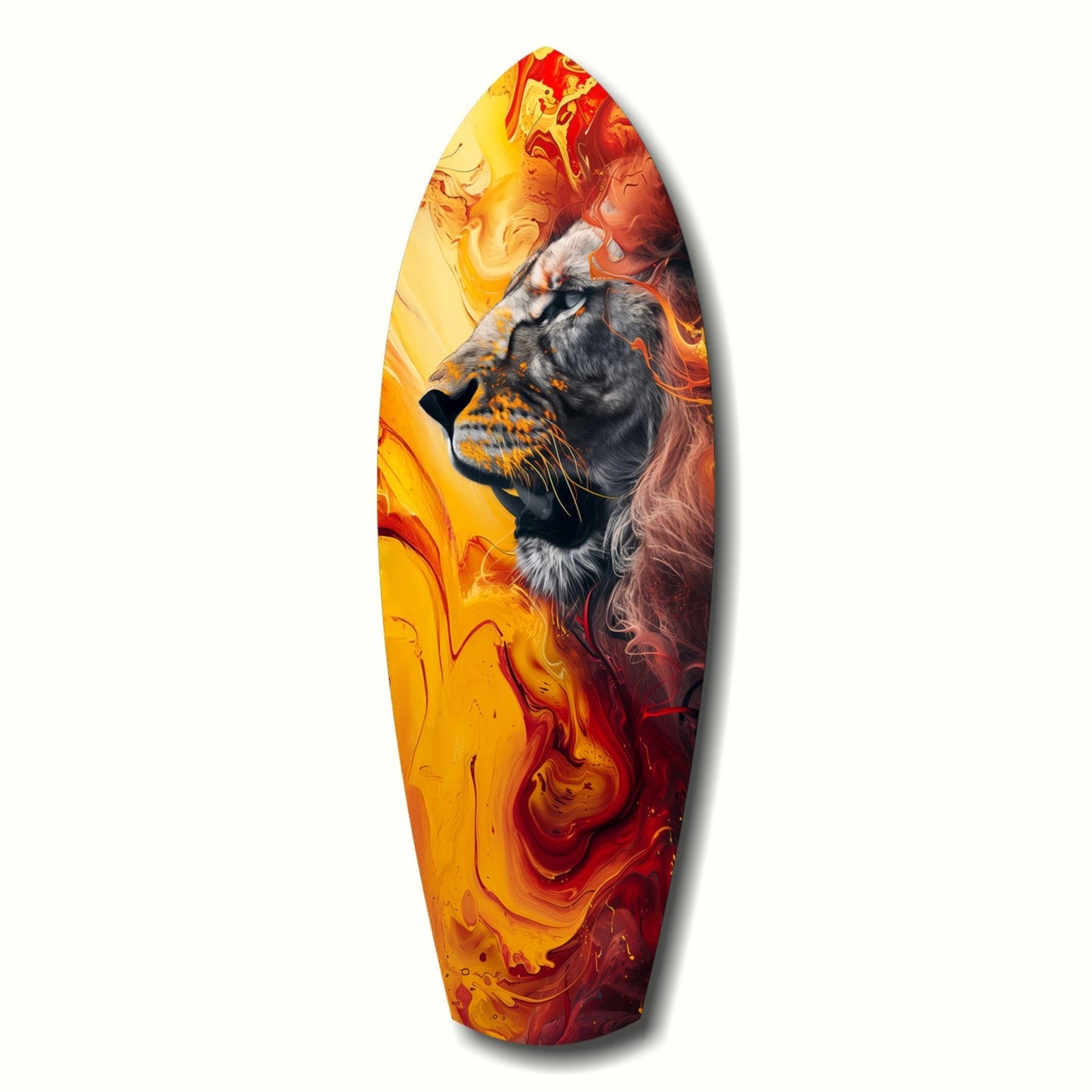 Lion head in profile on elongated oval glass panel with swirling yellow, orange, and red abstract background.