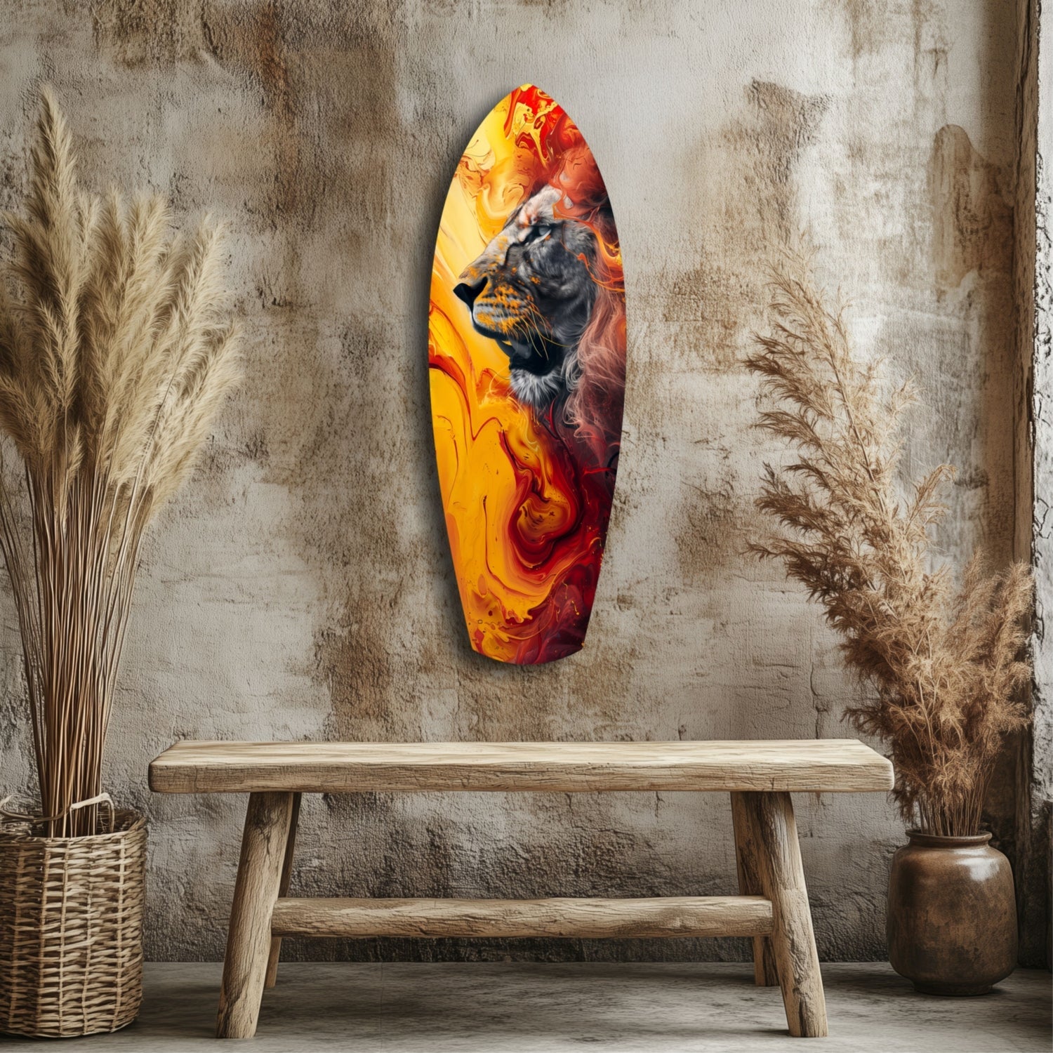 Lion Pride V7 glass wall art featuring a lion's head in orange and red flame colors, displayed above a wooden bench in a minimalist interior setting.