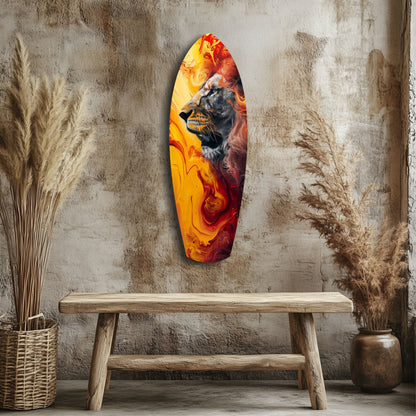Lion Pride V7 glass wall art featuring a lion's head in orange and red flame colors, displayed above a wooden bench in a minimalist interior setting.