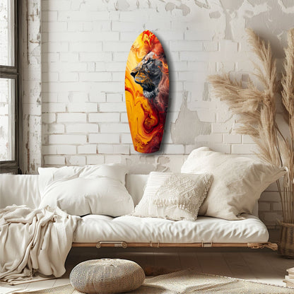 Lion Pride V7 glass wall art with vibrant orange and red flames displayed above a cream-colored couch in a minimalist bedroom.