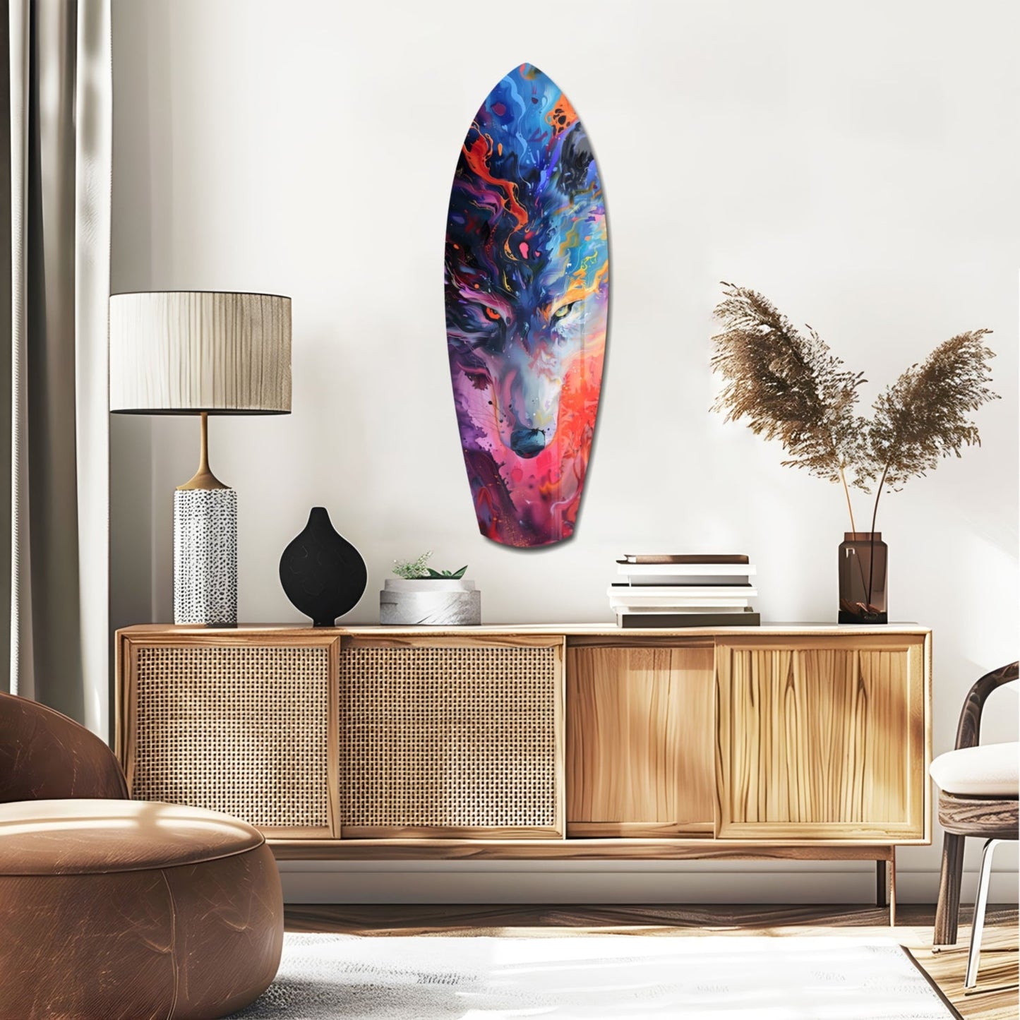 Colorful abstract glass wall art with blue, red, and purple swirled patterns displayed above a wooden credenza in a modern living room.