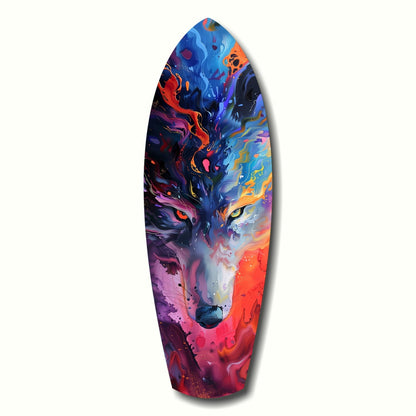Colorful abstract glass art featuring a wolf's face with swirling blue, purple, pink, orange, and red patterns throughout the elongated teardrop-shaped panel.